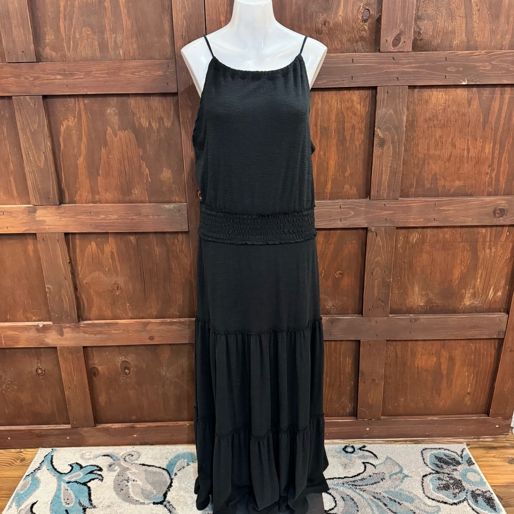 Z Supply Black Smocked-Waist Tiered Maxi Dress